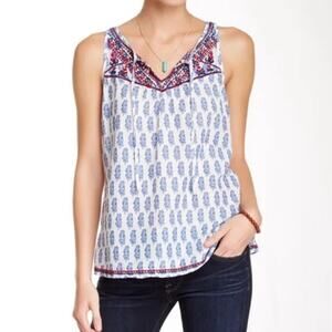 Lucky Brand S Embroidered Paisley Sleeveless Tassel Top Blouse Boho Western